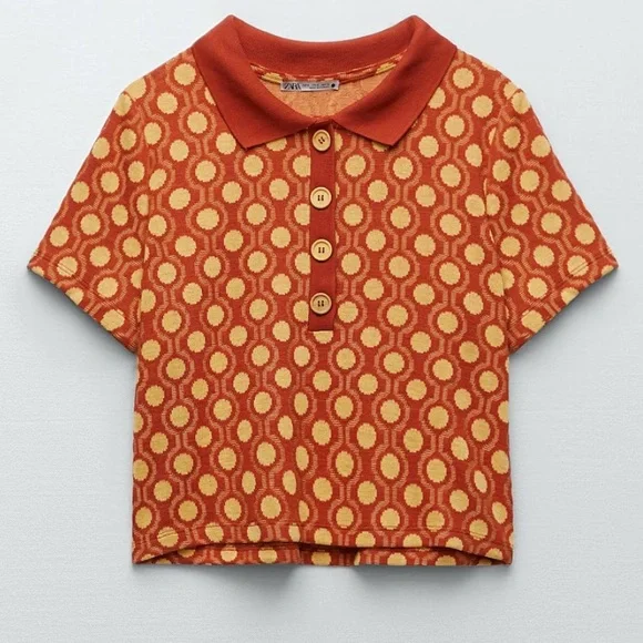 Zara Crop Collared Buttons Burnt Orange yellow Thin Soft Knit Top - Picture 2 of 11